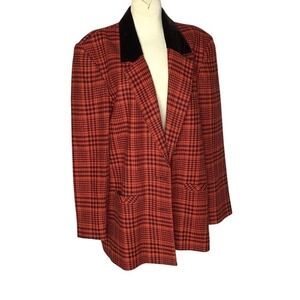 Vintage‎ 80's Red Black Gold Plaid Blazer With Velvet Collar Preppy Size 14